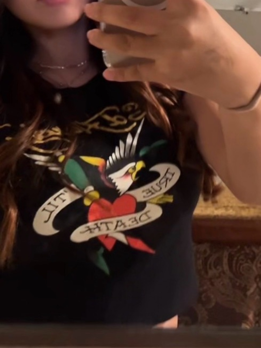 Black Graphic Crop Tank Top with Heart & Eagle Print